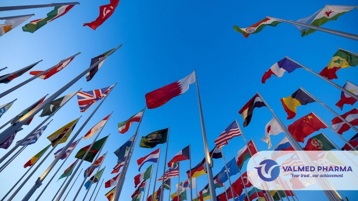 International flags on tall flagpoles against a blue sky, with Valmed Pharma branding.