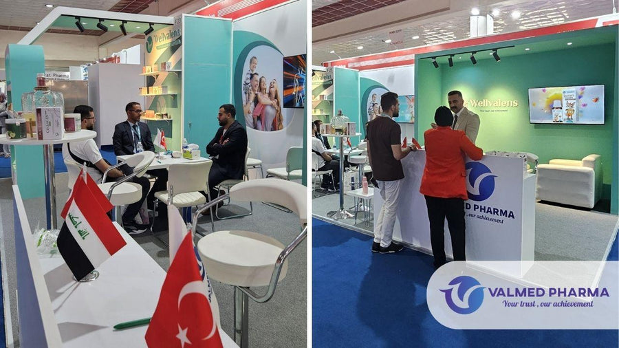 Two views of the Valmed Pharma and Wellvalens exhibition booth with visitors, product displays, and Iraqi and Turkish flags.