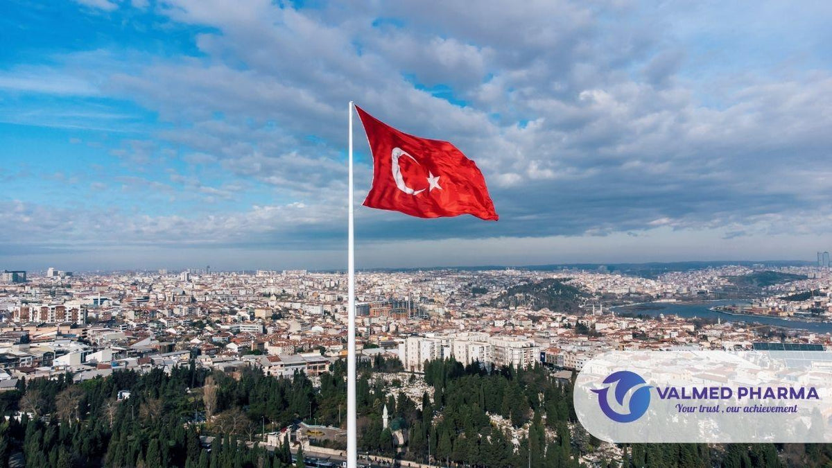 Turkish flag overlooking a city and waterway, with Valmed Pharma branding.
