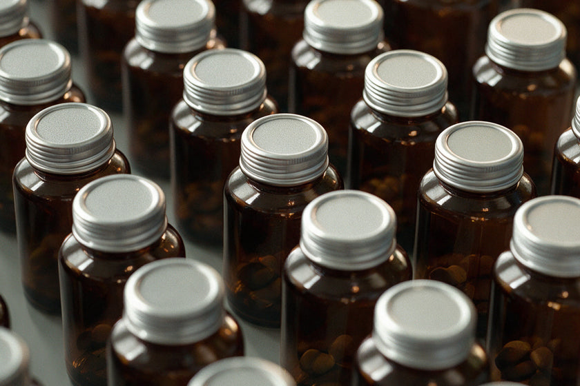 Rows of amber glass supplement bottles with silver screw caps, filled with capsules, arranged on a flat surface