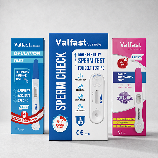Three Valfast medical test boxes arranged side by side on a light gray background: an ovulation hormone test box in blue, a male fertility sperm check box in white and blue, and an early pregnancy test box in pink and white.