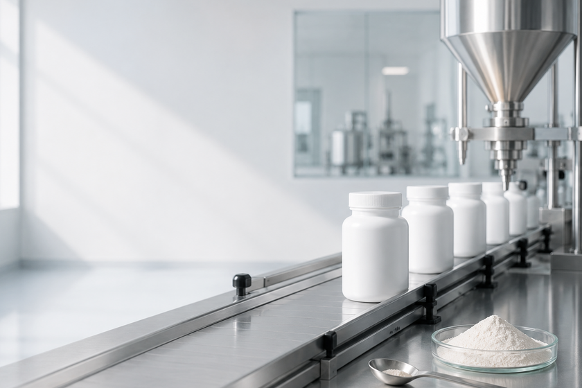 White plastic supplement bottles arranged on a stainless steel production line, with a small glass dish of white powder and a spoon in the foreground and a pharmaceutical blending machine in the background.