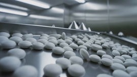 White oval tablets moving along a stainless steel conveyor in a clean facility