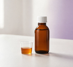 An amber glass medicine-style bottle with a white cap stands on a light surface next to a small clear cup containing amber liquid, against a softly lit white and pale purple background.